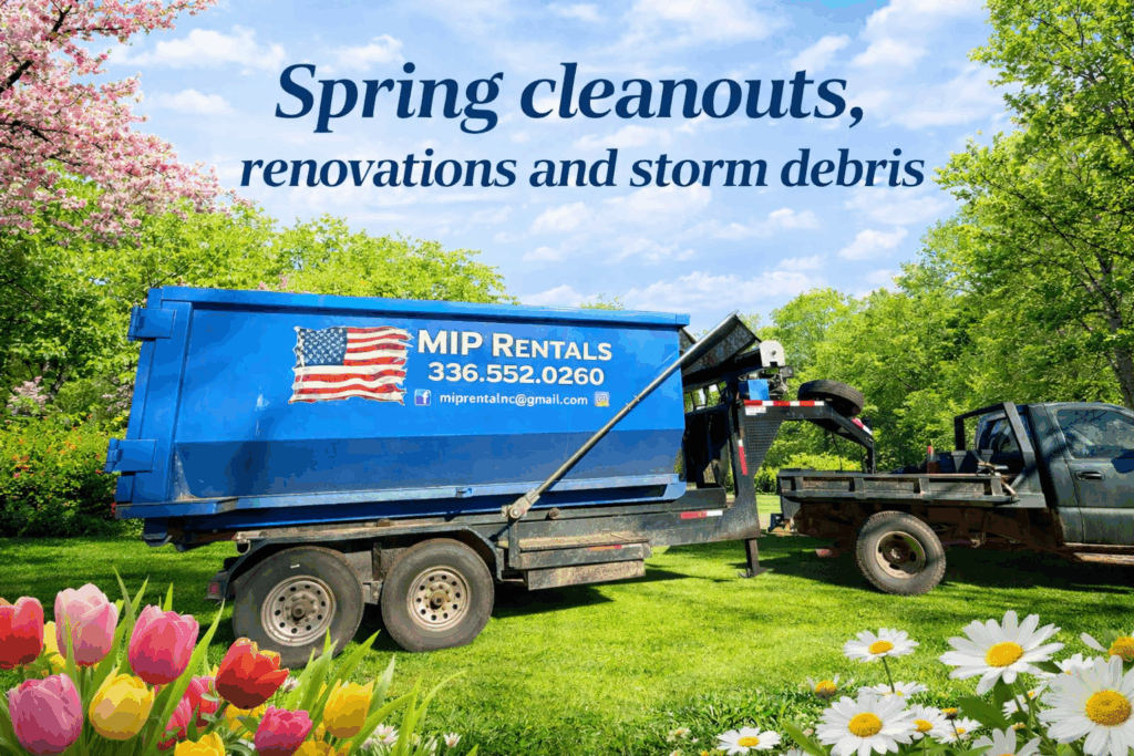 Blue MIP Rentals dumpster with company logo and contact info parked on grass during spring, representing spring cleanouts, renovations, and storm debris removal.