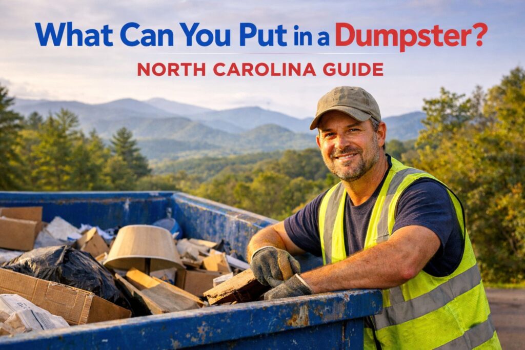 what can you put in a dumpster in North Carolina with worker loading debris into dumpster during cleanup project