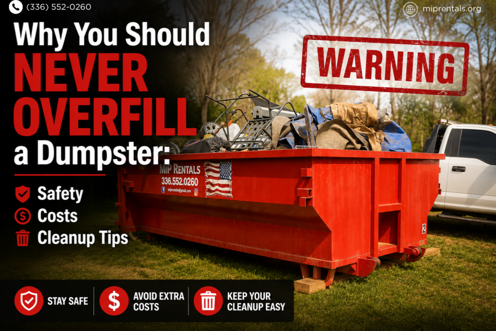 Overfilled dumpster packed with renovation debris and bulky waste near a home, illustrating why homeowners should avoid overloading a dumpster to prevent safety hazards, additional fees, and difficult cleanup.