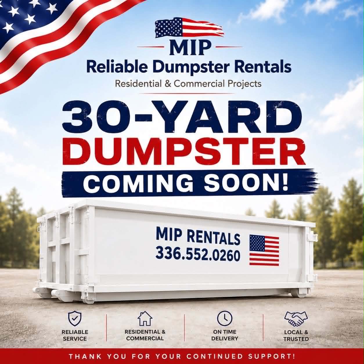 MIP Rentals 30-yard dumpster coming soon